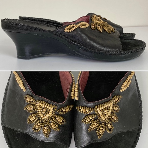 Clarks Shoes - Clarks black leather beaded wedge sandal 8
